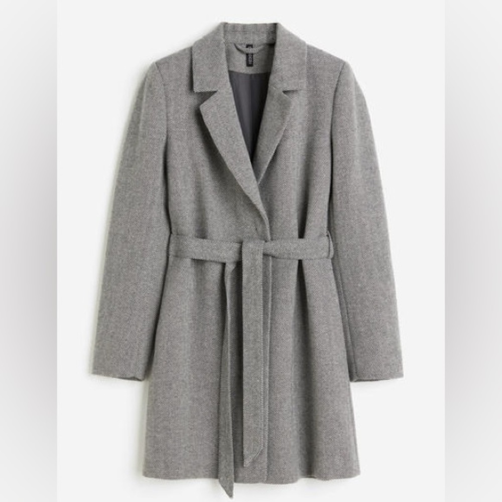 H&M Herringbone Tie Belt Coat, Gray L